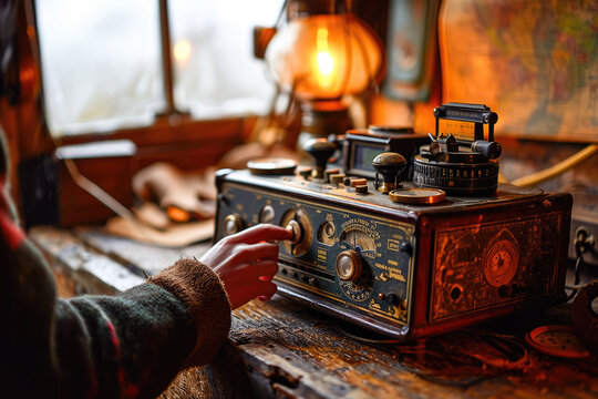 A person tunes an antique radio in a cozy indoor setting with a warm lamp and map in the background.