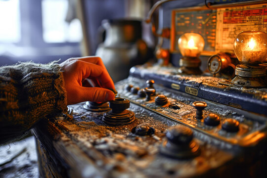 A person's hand adjusting a vintage radio control panel with glowing light bulbs in a retro broadcast environment.