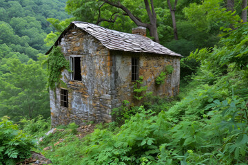 Old, abandoned stone house surrounded by lush greenery in a forest