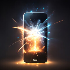 Cell phone on a dark background with light and sparks. Modern gadgets. Illustration