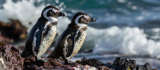 Naklejka premium Pair of juvenile Magellanic Penguins in Argentina at Cabo Virgenes.