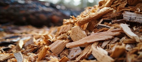 Wood chips are a renewable energy resource used for combustion in energy engineering. - obrazy, fototapety, plakaty