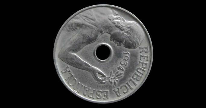 Obverse of Spain coin 25 centimos 1934, isolated in black background. 3d animation in 4k video.