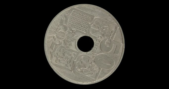 Reverse of Spain coin 50 centimos 1963, isolated in black background. Close up view.