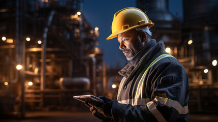 Handsome engineer man worker with Petroleum refinery industrial background,Petrochemical factory concept