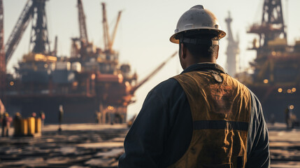 Fototapeta premium Petrochemical engineering man with white safety helmet standing in oil refinery building structure petrochemical industry
