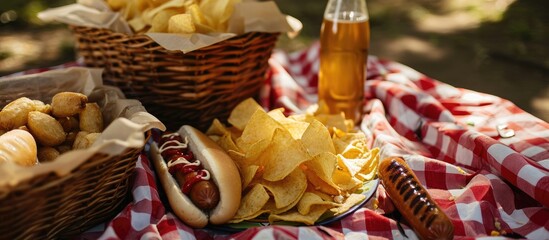 Picnic with chips and hot dog.