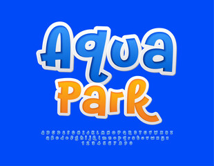 Vector playful logotype Aqua Park. Funny Blue Font. Bright handwritten Alphabet Letters and Numbers.