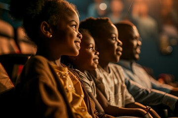 close up of a black family at the cinema enjoying a movie - obrazy, fototapety, plakaty