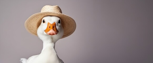 Closeup of white duck as country guy, wearing a straw hat. Studio shot on pastel background, banner with copy-space