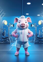 Cartoon pig in the gym, AI