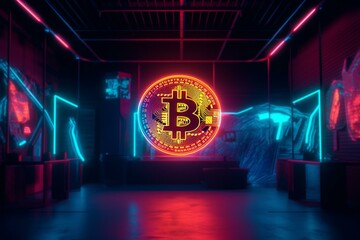 Futuristic neon Bitcoin banner for trade and mining with new record. Generative AI