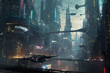 : A luminous cityscape with futuristic skyscrapers and flying vehicles
