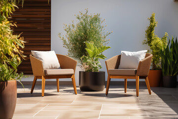 Fototapeta premium Cozy outdoor roof terrace or patio with armchairs and potted plants