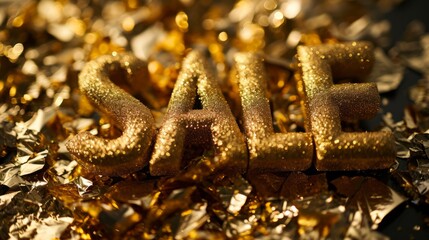 The word Sale made of gold. Eye catchy advertising. Golden season of sales and discounts. Premium Deals