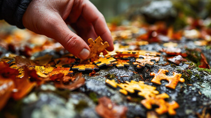 A hand placing a puzzle piece among scattered jigsaw puzzles on a mossy rock covered with autumn leaves. - obrazy, fototapety, plakaty