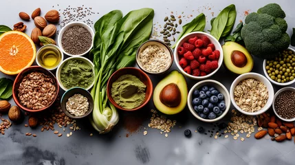 Poster Healthy food clean eating selection: fruit, vegetable, seeds, superfood, cereal, leaf vegetable on gray concrete background © nskfoto