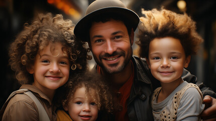 Close-up family portrait of a young man and his three children hugging, smiling and looking at the camera