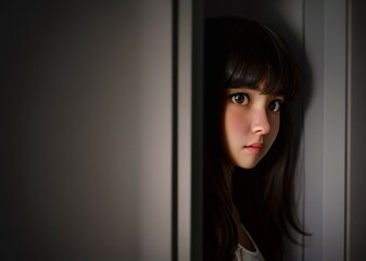 girl looks out from behind the door, frightened eyes, brunette, dark
