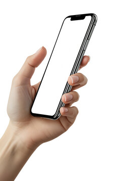 Mockup, woman's hand holding using mobile phone with copy space, transparent background. PNG
