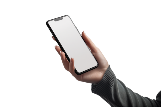 Mockup, woman's hand holding using mobile phone with copy space, transparent background. PNG