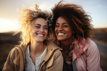 Obraz premium Portrait of two lesbian women hugging on the background of nature