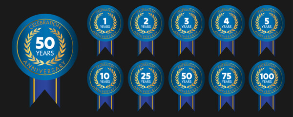 Set of anniversary gold badges and labels. In blue design. - obrazy, fototapety, plakaty