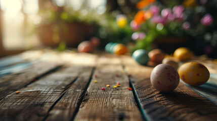 empty wooden table with blurred background. Easter setting