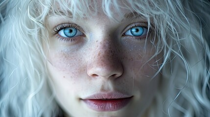 Portrait, albino girl with beautiful blue eyes.