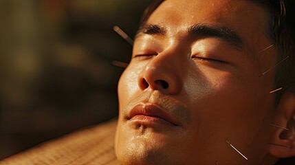 Asian man with needles in his head, in an acupuncture treatment. - obrazy, fototapety, plakaty