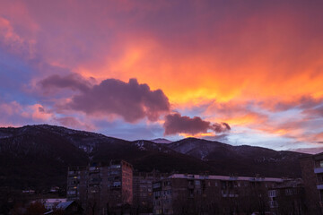 Colorful sky at winter sunset in Vanadzor