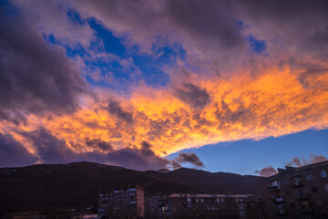 Colorful sky at winter sunset in Vanadzor