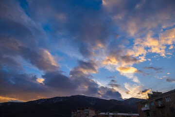 Colorful sky at winter sunset in Vanadzor