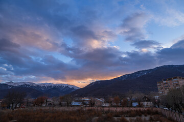 Colorful sky at winter sunset in Vanadzor