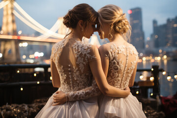 Naklejka premium Two Caucasian lesbians in wedding dresses on the background of city street