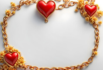 Golden red chain tied with three red embossed hearts