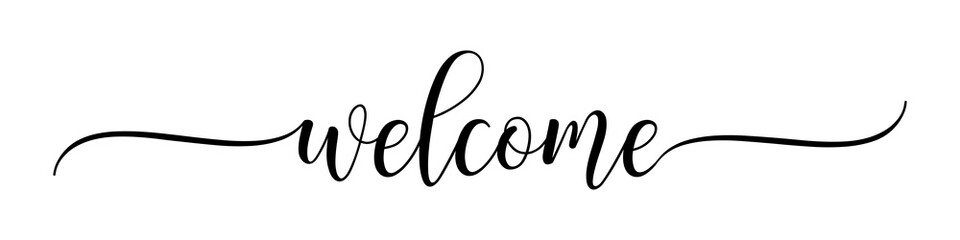 Welcome – Calligraphy brush text banner with transparent background.