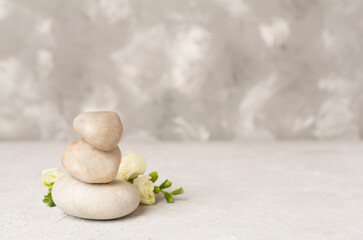 Fototapeta na wymiar Spa stones with freesia flower on concrete background