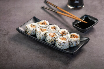 Japanese Food on gray background.