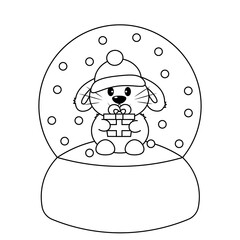 Snow globe with cute Rabbit with gift box in black and white