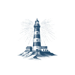 Handdrawn illustration of a lighthouse with houses beside it in cross hatching style