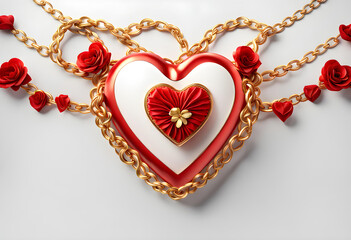 Hanging decorative 3D red love hearts bounded by golden chains and small red hearts