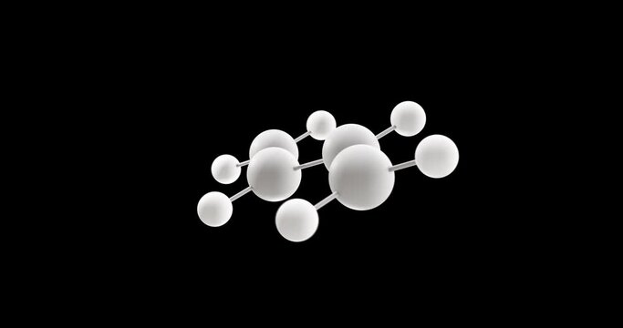 Butadiene molecule, rotating 3D model of conjugated diene, looped video on a black background
