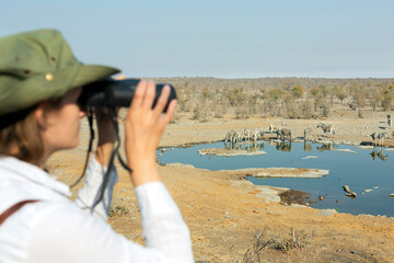 Rear view of a young blond woman on safari sitting on the rock looking through binoculars - travel...