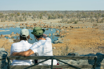 Rear view of young couple observing animals in African savannah - travel concept