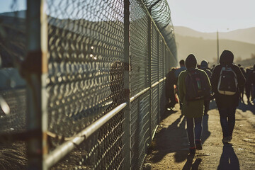  Queue of refugees along a high border fence with berbed wire. Imigration crisis. War and climate change. Generative AI - obrazy, fototapety, plakaty