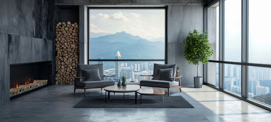 Modern minimalist living room in luxurious loft apartment. Dark walls, bio fireplace, luxury armchairs, panoramic windows with scenic city view. 3D rendering.