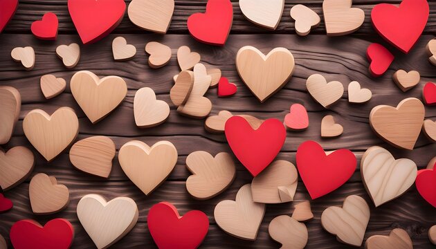 Assortment of Wooden and Red Hearts on Dark Wood Background