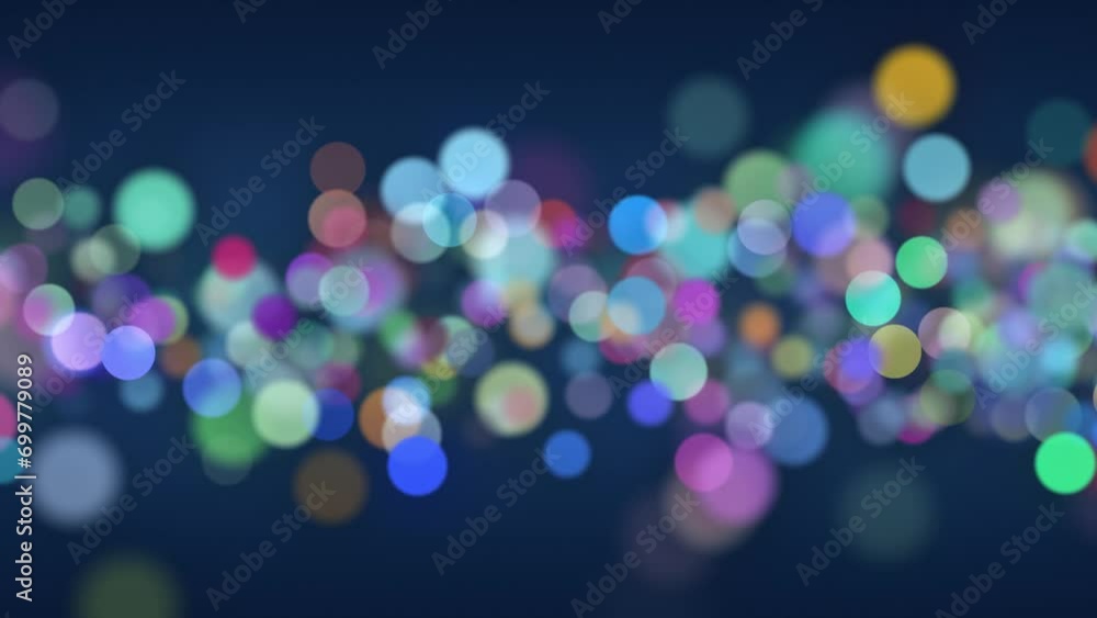 Poster multi-colored circles loop slow motion on dark blue background.