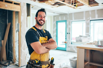 Half-length portrait of professional male construction worker in uniform wearing tool belt. Adult Caucasian man smiling at camera with his arms crossed over his chest during renovation work indoors.